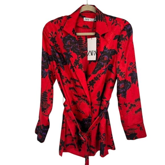 Zara Red Floral Wrap blouse Jacket Womens size Medium Asian pattern belted new - Picture 1 of 13
